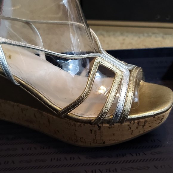 PRADA  Metallic Leather and Cork Platform Sandal - Picture 8 of 11